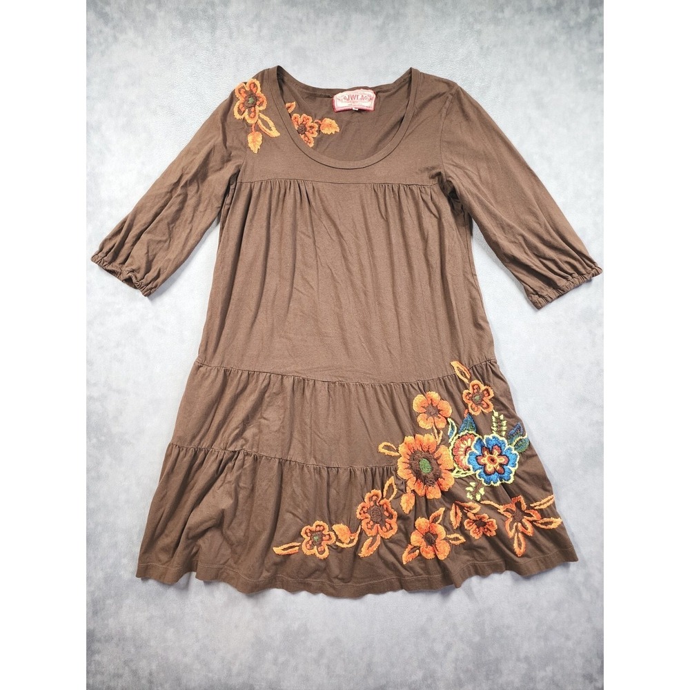 Johnny Was JWLA Embroidered Floral Tiered Tunic Babydoll Dress Women Small Brown